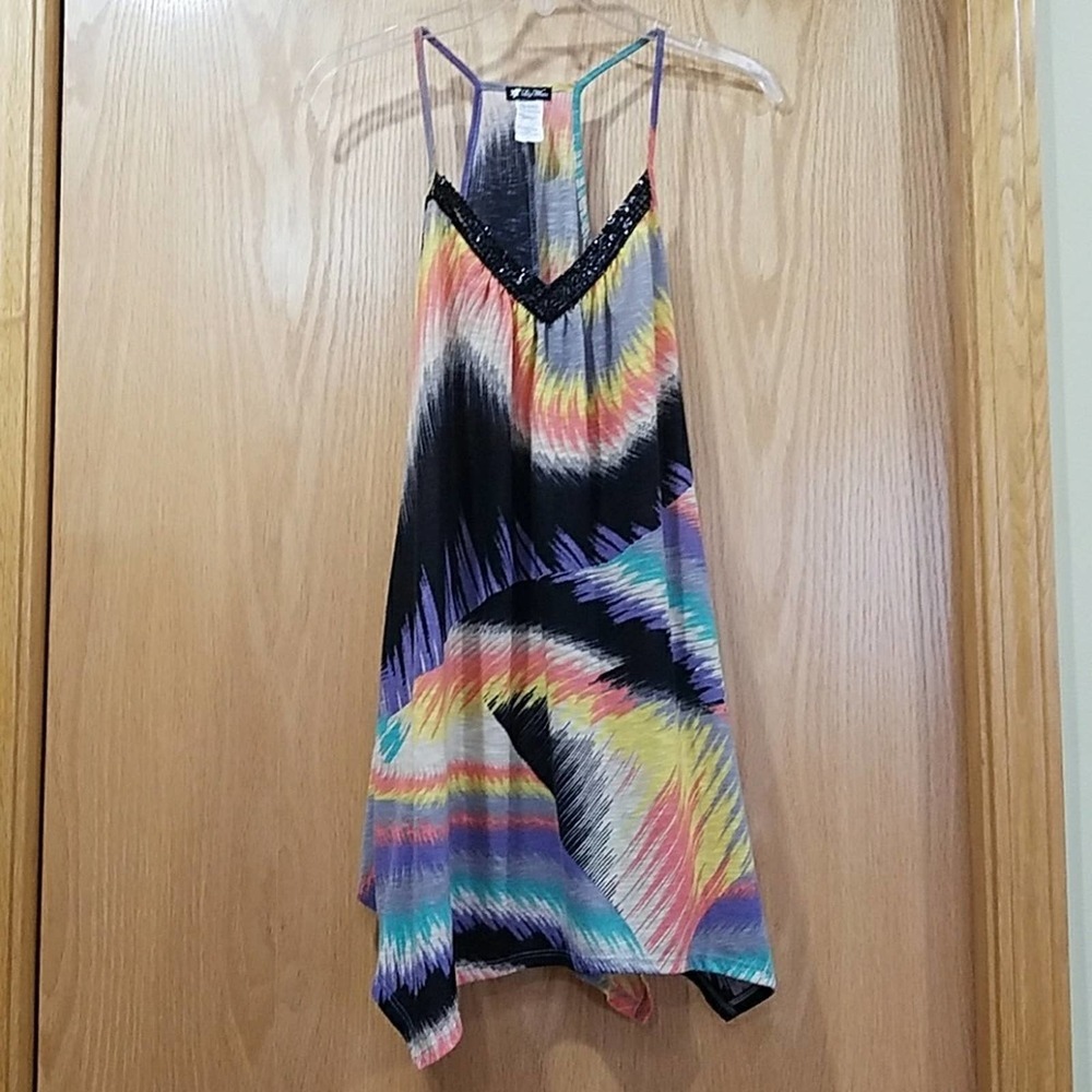 Lily White Summer Dress Multicolored Brush Handkerchief Dress Sz M